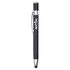 A metal pen with a matte black finish and chrome accents, featuring a logo on the side.
