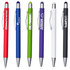 A collection of metal pens in red, blue, green, purple, white, and black, featuring various designs and a logo on each.