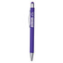 A purple metal pen with a silver clip and a branding logo. Features a smooth finish and a stylus tip.