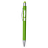 A green metal pen featuring a silver clip and a rounded tip, with a logo on the barrel.