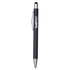 A black metal pen with a silver clip and a branding logo near the top. It features a smooth finish and a stylus tip.