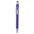 A purple metal pen with a silver clip and a logo on the barrel.