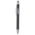 A sleek black metal pen with a shiny silver tip and clip, featuring a logo on the barrel.