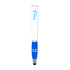 A stylus pen with a white barrel, blue grip, and chrome accents, featuring a logo.
