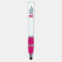 A stylus pen featuring a white barrel and a pink grip, adorned with a logo.
