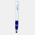 A stylus pen with a white body and blue rubber grip, featuring a branding logo near the top.