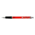 A red plastic pen with a chrome tip and a black grip, featuring a decorative spiral design and a branding logo.