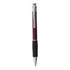 A burgundy plastic pen with a silver clip and a black rubber grip, featuring a logo on its body.