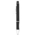 A black plastic pen with silver accents and a textured grip, featuring a logo.