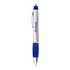 A metal pen with a silver body and blue grip, featuring a logo. Ideal for promotional use.