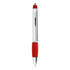 A metal pen featuring a red grip and silver body, with a clip and a stylus tip. It includes a branding logo.