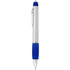 A metal pen with a silver body and blue grip, featuring a clip and a branding logo.