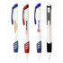 Four plastic pens featuring blue, red, and black accents, with a variety of logos and branding on the bodies.