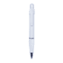 A white plastic pen with a sleek design and a transparent cap, featuring a clip and silver accents.