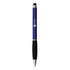 A blue stylus pen with a silver accent and a black rubber grip, featuring a logo.