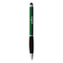 A green stylus pen with a black rubber grip, featuring a silver clip and branding.