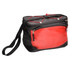 A black and red cooler bag with a shoulder strap and a front pocket, designed to hold six cans.