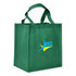 A green shopping tote bag with gusset and two sturdy handles, featuring a logo on one side.