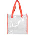 A clear tote bag with red handles, featuring an open interior and stitched edges. It has a logo on one side.