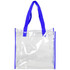 A clear tote bag with blue handles and trimmings, featuring a simple design and no visible branding.