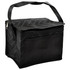 A black insulated cooler bag with a zip closure and a handle, featuring a textured pattern and a front pocket.