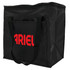 A black insulated grocery bag with robust handles and a frontal pocket, featuring a logo in red.