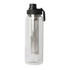 A drink bottle with a clear body, black lid, and stainless steel tea infuser inside. It features a branding logo.