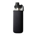 A drink bottle with a transparent body, black neoprene sleeve, and a black screw-on lid. Features a logo.