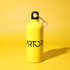 A drink bottle in bright yellow with a black top and a keyring attachment, featuring a logo.