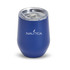 A blue travel mug with a clear lid and a logo. It has a sleek, curved design suitable for beverages.