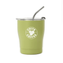 A drink bottle in olive green with a clear lid and stainless steel straw, featuring a logo on the front. A drink bottle in olive green with a clear lid and stainless steel straw, featuring a logo on the front.