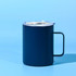 A drink mug in navy blue with a clear lid and a handle, designed for travel use.