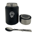 A drink bottle in matte black with a stainless steel inner and a spoon, featuring a logo on its exterior.