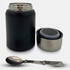 A drink bottle and insulated container in black, with a silver spoon and a lid, featuring a logo.