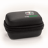 A black zippered case with a logo on the top, designed for travel accessories.