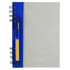 A grey recycled journal book with a blue cover and a pen attached, featuring a spiral binding.