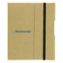 A small tuck journal book in brown with an elastic band closure and a logo on the front.