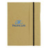 A large A5 journal book in a brown cover with a black elastic band and a logo on the front.