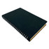 A black spiral notebook with a smooth cover and contrasting coloured pages. It features a coil binding.