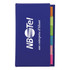 A blue adhesive note marker strip book with colourful sticky tabs and a logo on the front cover.