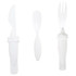 A plastic cutlery set featuring a white knife, fork, and spoon, with an integrated handle design.