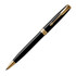 A black ballpoint pen with gold accents, featuring a decorative clip and a brand logo.