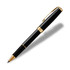 A black rollerball pen with gold accents and a branded clip, displaying a sleek and elegant design.