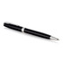 A ballpoint pen in lacquer black with chrome accents, featuring a branding logo.