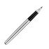 A rollerball pen with a brushed stainless steel body and black accents, featuring a pointed tip and a logo.