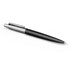 A ballpoint pen in black with a silver clip and accents, featuring a sleek design and branding.