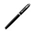 A sleek black rollerball pen with silver accents and a decorative clip. The pen has a glossy finish and a branded logo.