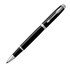 A sleek black rollerball pen with silver accents and a clip, featuring branding on the body.