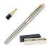 A brushed stainless steel rollerball pen with gold accents, presented in a box featuring a logo.