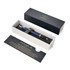 A metal ballpoint pen in matte blue is displayed in a white and black box with a logo and informative card.